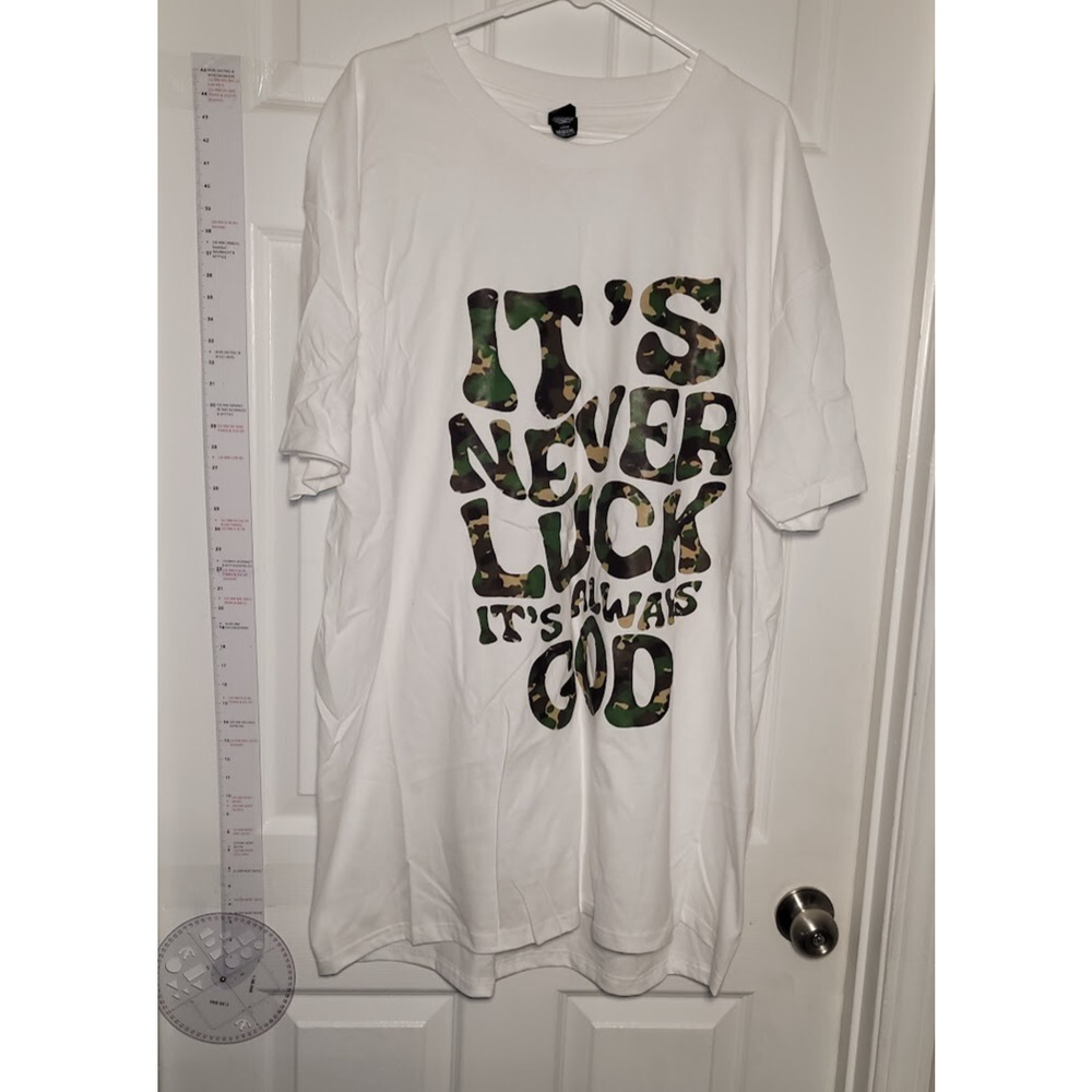 optima logan 2xl It's never luck it's always god white and camo long fitting tee